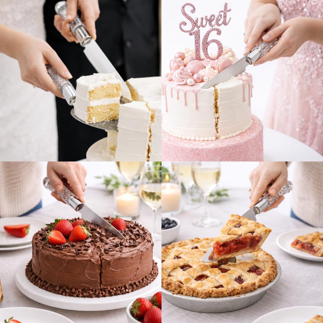 Adorox Elegant Cake Knife and Server Set - Stainless Steel with Crystal Handle - Perfect for Weddings & Anniversaries,and Special Celebrations (Sliver)