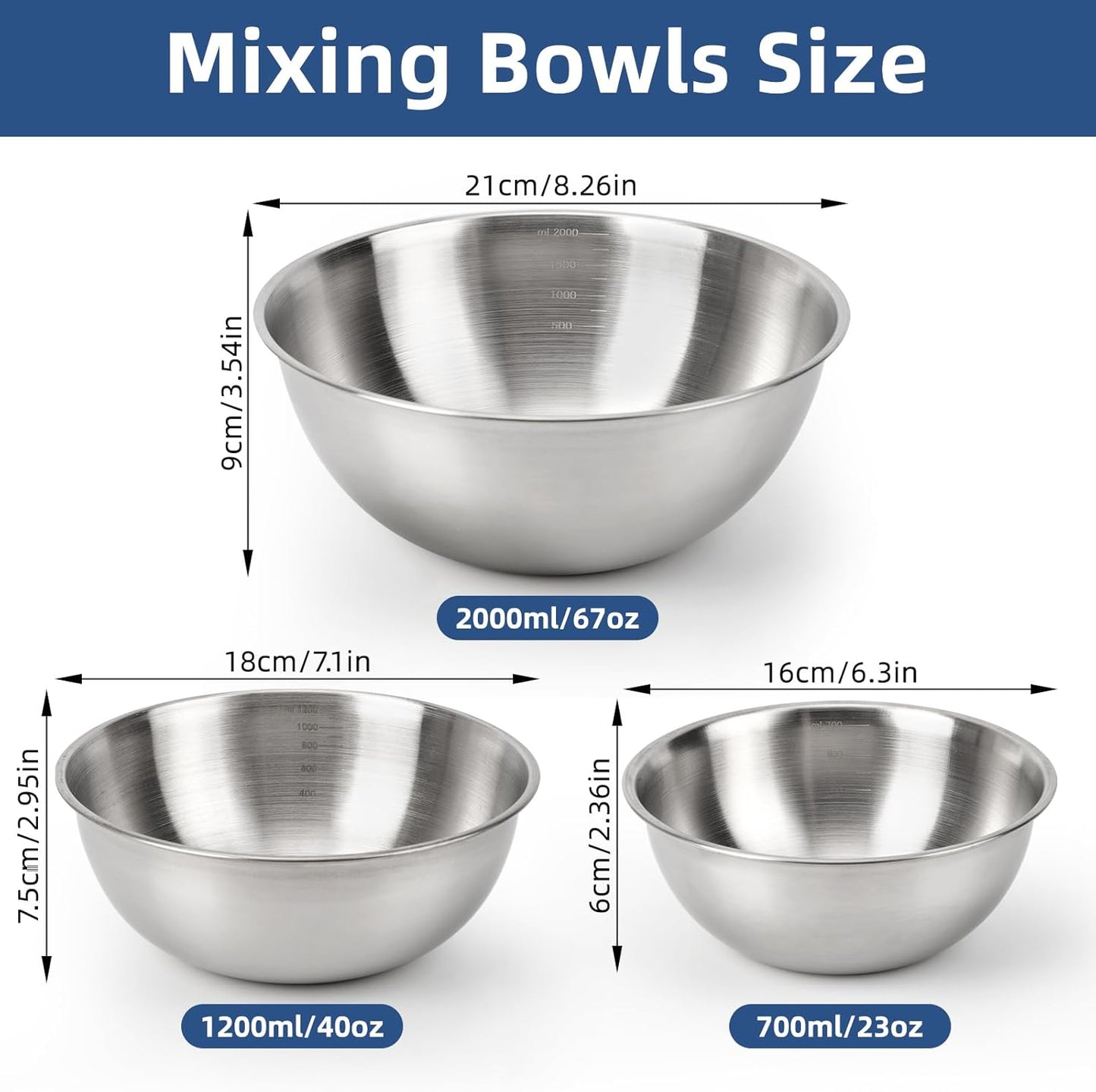 3-Piece Stainless Steel Mixing Bowls (7.1") Metal Bowl Set with Measurement Marks, Dishwasher Safe & Stackable - Perfect for Baking, Salad Making, Meal Prep and Kitchen Use