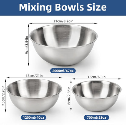 3-Piece Stainless Steel Mixing Bowls (7.1") Metal Bowl Set with Measurement Marks, Dishwasher Safe & Stackable - Perfect for Baking, Salad Making, Meal Prep and Kitchen Use