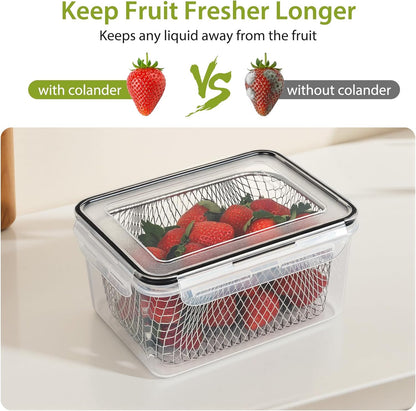 5 PCS Large Fruit Containers for Fridge - Leakproof Food Storage Containers with Removable Colander - Dishwasher & microwave safe Produce Containers Keep Fruits, Vegetables, Berry, Meat Fresh longer
