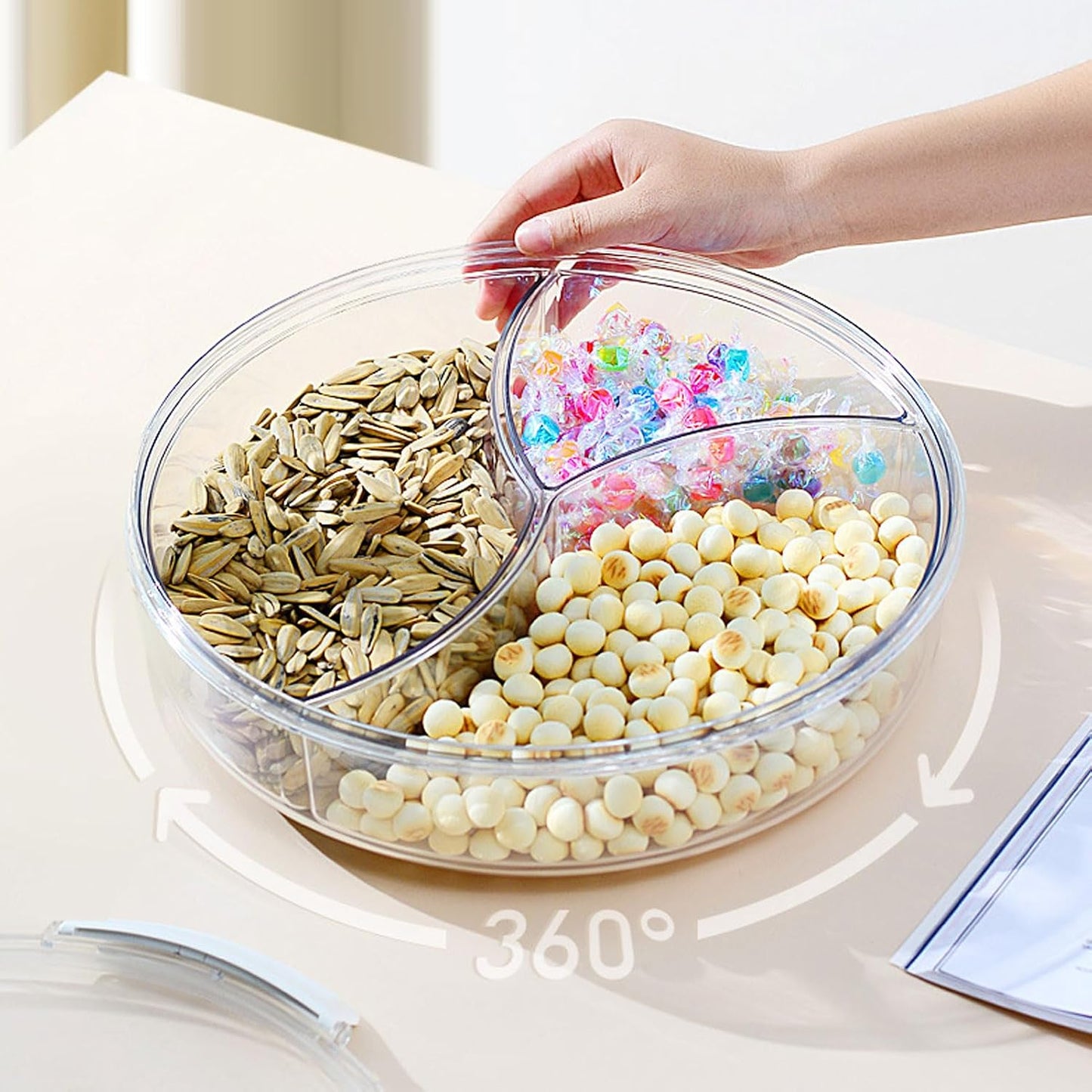 5 Grid Round Rotating Snack Box, Divided Food Storage Container With Lid & Handle, Multi - compartment Serving Tray for Fruit Nut Candy Snack Party Household Use (White)