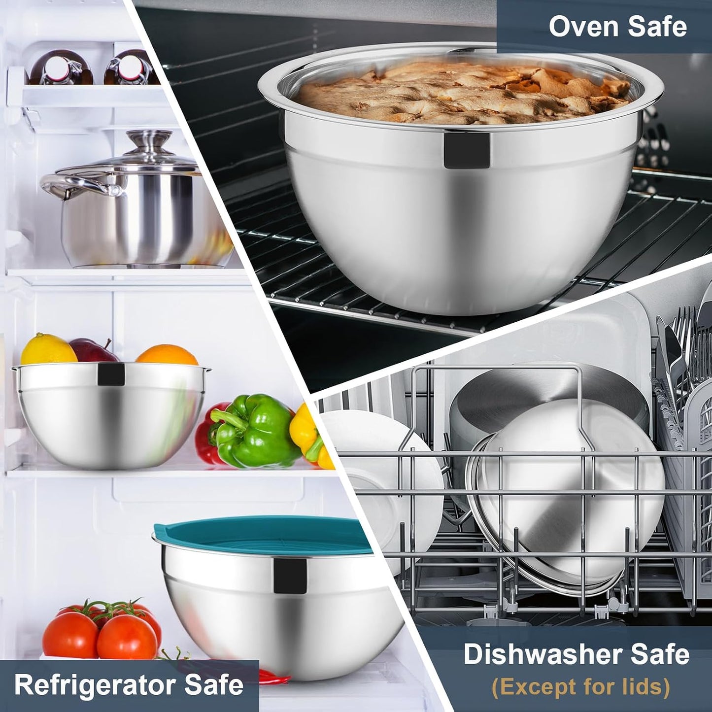 P&P CHEF Mixing Bowls with Lids Set of 6, Stainless Steel Nesting Salad Bowl & 3 Grater Attachments for Prepping Storing, 4.6/2.6/2/1.5/1/0.7 QT, Khaki