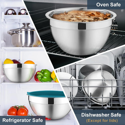 P&P CHEF Mixing Bowls with Lids Set of 6, Stainless Steel Nesting Salad Bowl & 3 Grater Attachments for Prepping Storing, 4.6/2.6/2/1.5/1/0.7 QT, Khaki