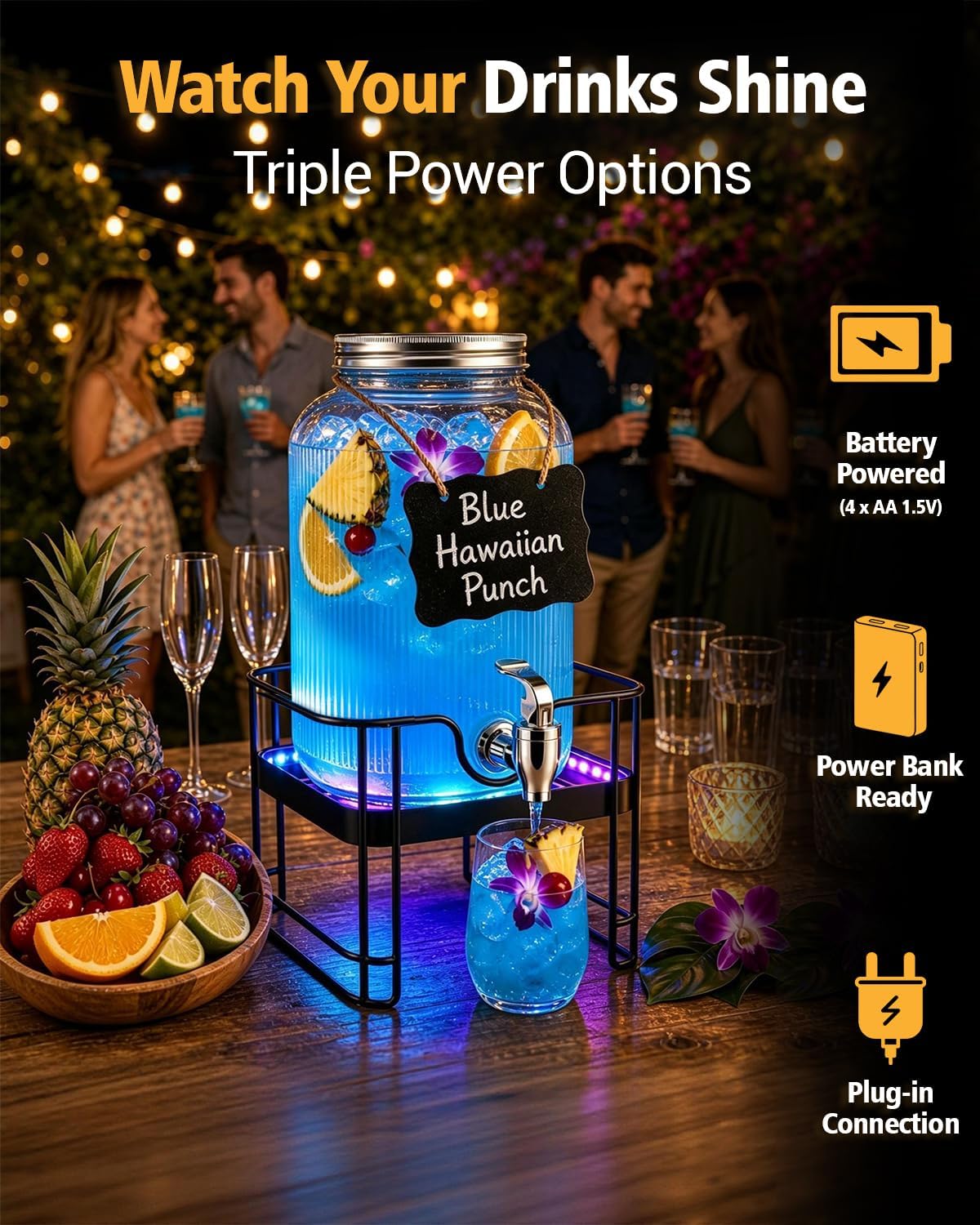 PAROTO Drink Dispensers for Parties, 2 Pack 1 Gallon Glass Beverage Dispenser with Stand and LED Strip Light, Lemonade Juice Water Dispenser with Spigot for Wedding Bar Picnic BBQ Buffet Event