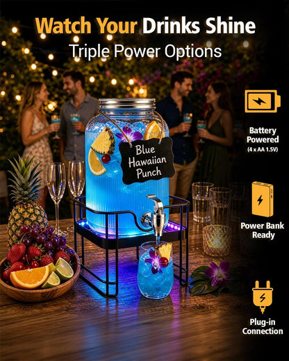 PAROTO Drink Dispensers for Parties, 2 Pack 1 Gallon Glass Beverage Dispenser with Stand and LED Strip Light, Lemonade Juice Water Dispenser with Spigot for Wedding Bar Picnic BBQ Buffet Event