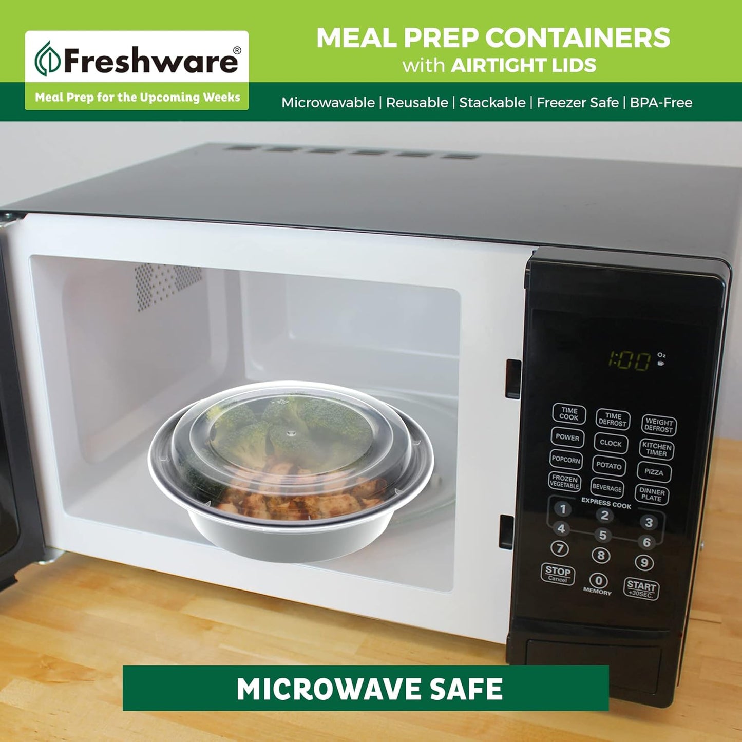 Freshware Meal Prep Containers [15 Pack] 2 Compartment with Lids, Food Storage Containers, Bento Box, BPA Free, Stackable, Microwave/Dishwasher/Freezer Safe (28 oz), Black