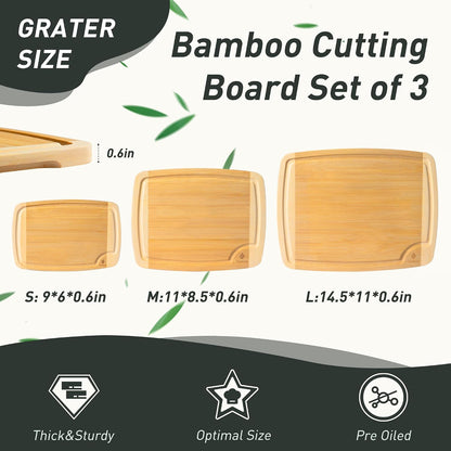 3 Packs Bamboo Cutting Board Set with Non Slip Feet Holder and Over Sink Nice Solid Thick Wood Juice Groove Chopping Board Extra Large Big Small Best Hardwood Kitchen Organic Vegetable Meat BBQ Kit