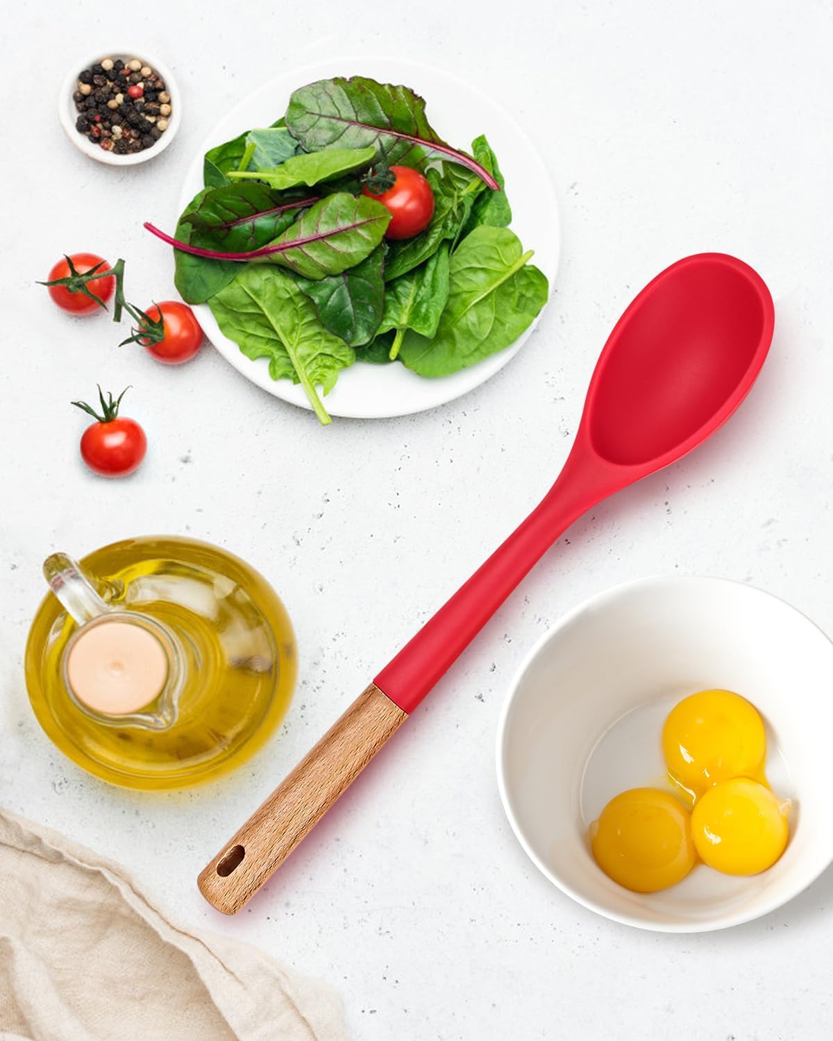 Large Silicone Cooking Spoons, Nonstick Solid Wooden Handle Spoon, Heat Resistan Silicone Kitchen Spoons for Cooking, Serving, Basting, Mixing, 13.2inch (Grey)