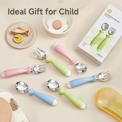 KINGSTONE Toddler Utensils with Case, Kids Silverware Set with Silicone Handles, 18/10 Stainless Steel Children Safe Forks and Spoons, Travel Carrying Cases BPA Free, Dishwasher Safe (blue)