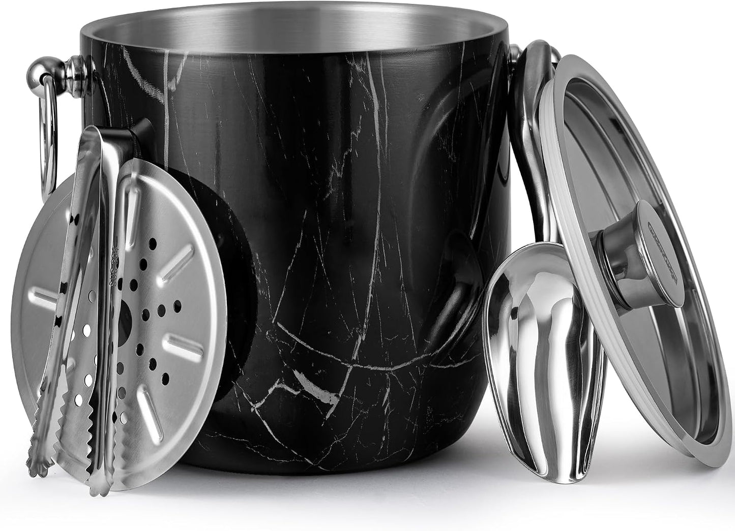 Insulated Ice Bucket, 3L Double Wall Stainless Steel Ice Bucket with Tongs,Lid, Scoop and Strainer, Ice Buckets for Parties,Cocktail Bars, Chilling Beer, Champagne, Wine Bottles