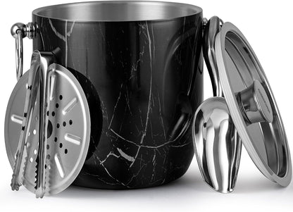 Insulated Ice Bucket, 3L Double Wall Stainless Steel Ice Bucket with Tongs,Lid, Scoop and Strainer, Ice Buckets for Parties,Cocktail Bars, Chilling Beer, Champagne, Wine Bottles