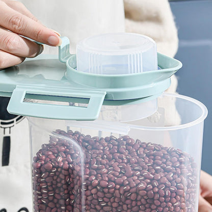 5.5lbs Clear Food Dispenser Container - Airtight Rice Storage Barrel With Handle And Dustproof Measuring Cup, Large Capacity Bin For Soybeans, Grains, Oats, Flour, Lentils, Pasta, Pet Food