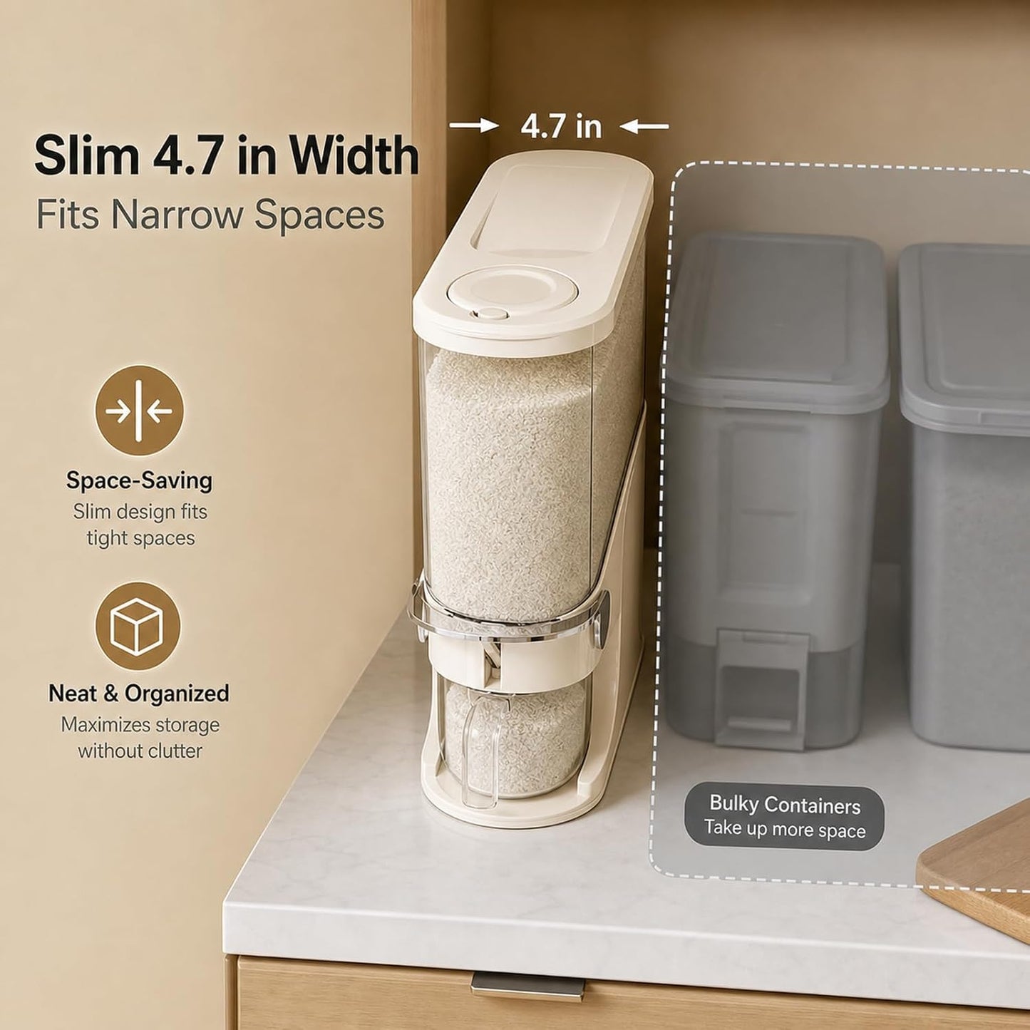 Rice Dispenser 11 Lb, Slim Rice Storage Container with Double Sealing Strip, Press to Dispense Cereal Container Airtight for Kitchen Pantry Organization, (Ivory White-11lb)
