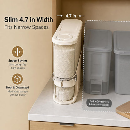 Rice Dispenser 11 Lb, Slim Rice Storage Container with Double Sealing Strip, Press to Dispense Cereal Container Airtight for Kitchen Pantry Organization, (Ivory White-11lb)