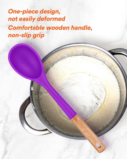 Large Silicone Cooking Spoons, Nonstick Solid Wooden Handle Spoon, Heat Resistan Silicone Kitchen Spoons for Cooking, Serving, Basting, Mixing, 13.2inch (Grey)