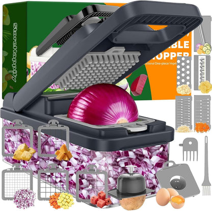 12-in-1 Vegetable Chopper 7 Blades, Veggie Cutter with Handle, Black/White