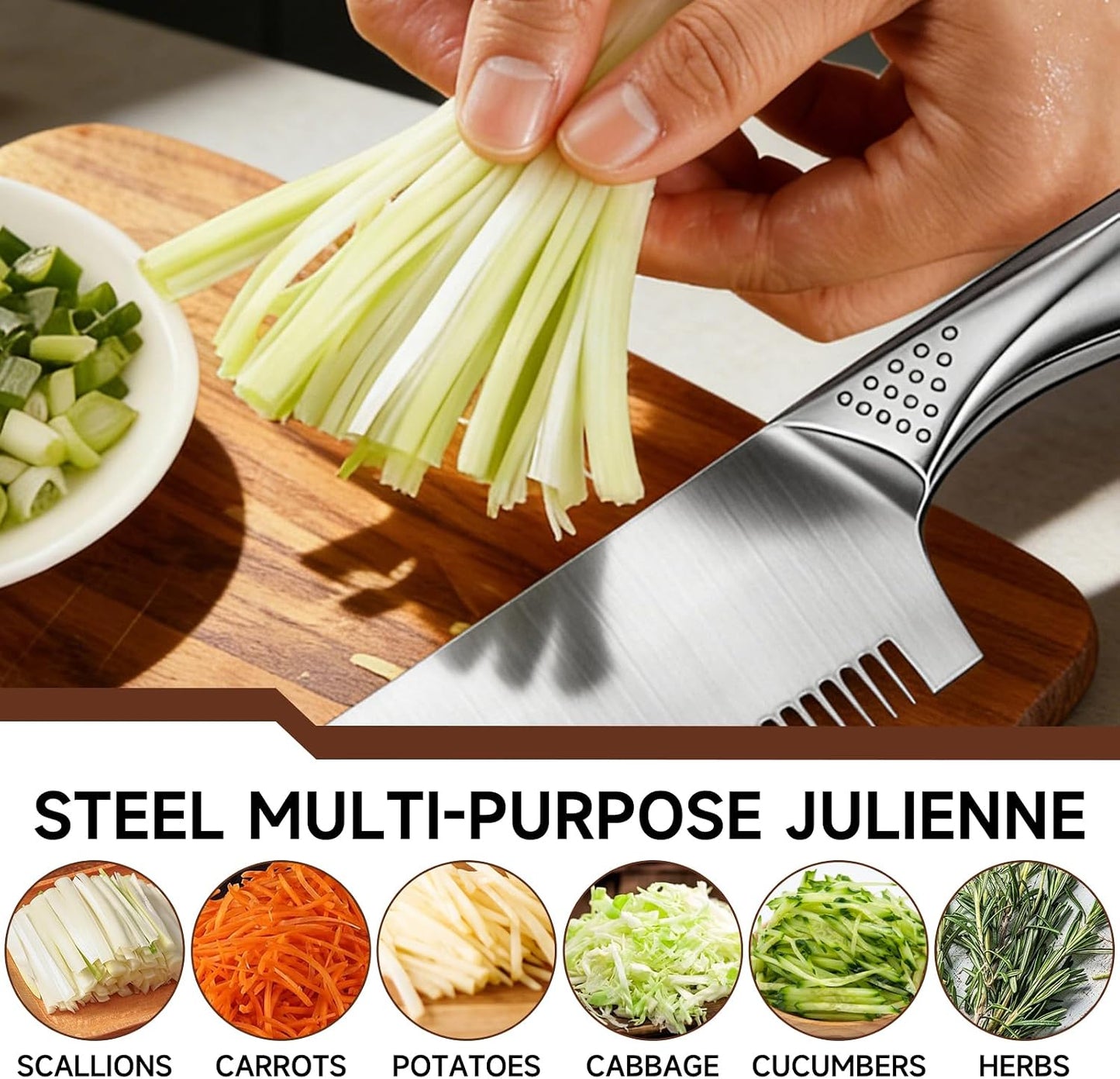 Stainless Steel Multi-Purpose Julienne Knife, 2-in-1 Green Onion Cutter&Vegetable Slicer, Precision Julienne Blade for Scallion Shredder, Ergonomic Kitchen Shredder Tool with Hanging Hole (2)