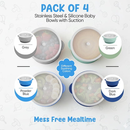 o'doe Suction Bowls for Baby - Non-Toxic Stainless Steel Baby Bowls 5" with Non-Slip Removable Silicone Shell - BPA-Free Toddler Bowls (Dark Blue + Powder Blue + Grey + Green)