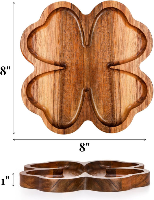 AVLA 2 Pack 8 Inch Wood Serving Platter Trays, Small Acacia Wooden Snack Board, Veggie Fruit Hosting Plate Dish, Food Serving Platter for Nuts Cheese Sushi Charcuterie Dessert, 4-Leaf Clover Design