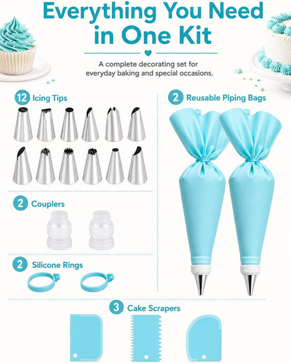 Reusable Piping Bags and Tips Set, 21-Piece Cake and Cupcake Decorating Kit