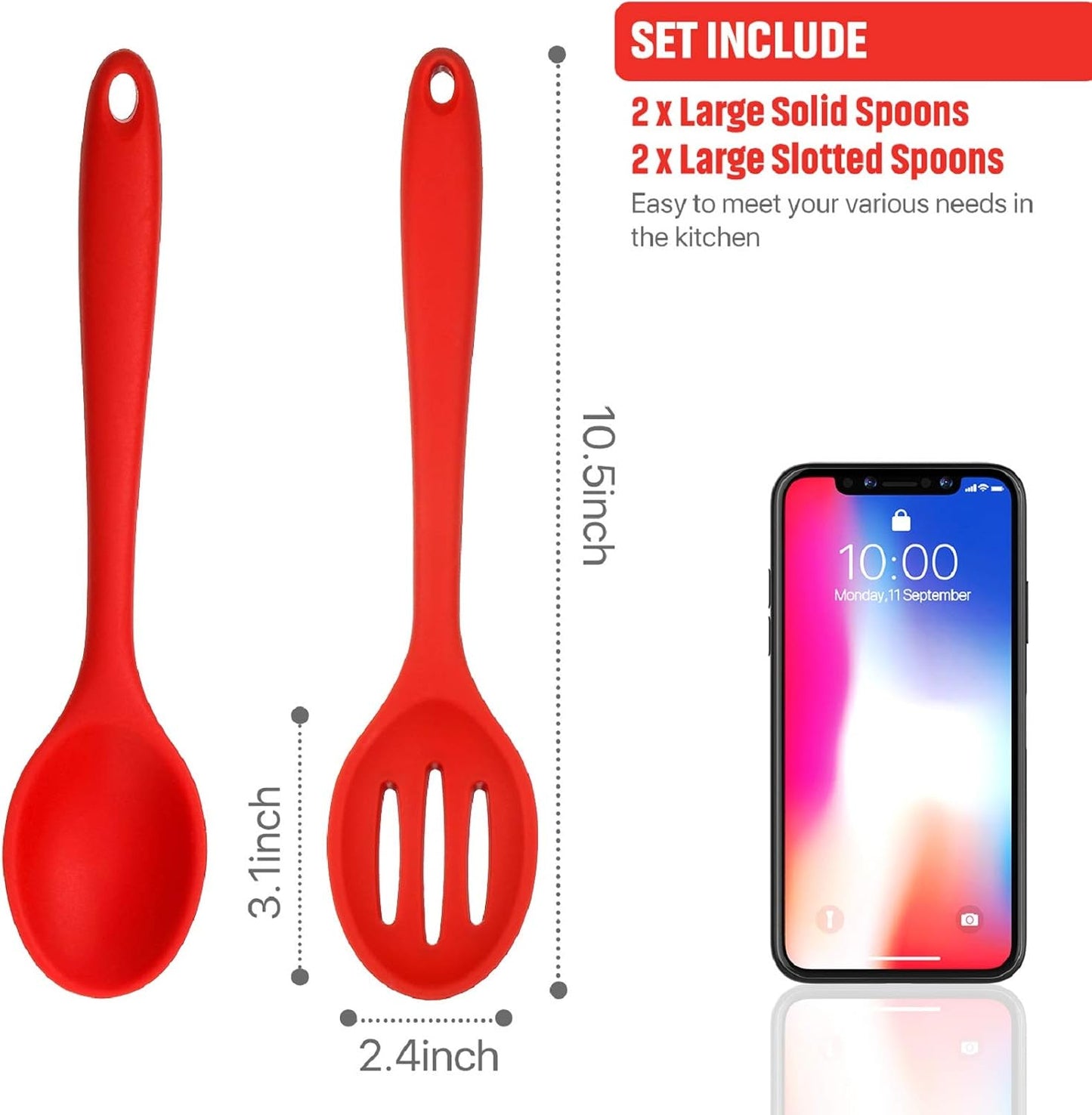 Boao 4 Pcs Silicone Spoons for Cooking 10.6 Inch Large Nonstick Serving Spoons Heat Resistant Slotted Spoon for Mixing & Stirring Kitchen Cooking Utensils, Dishwasher Safe(Black)