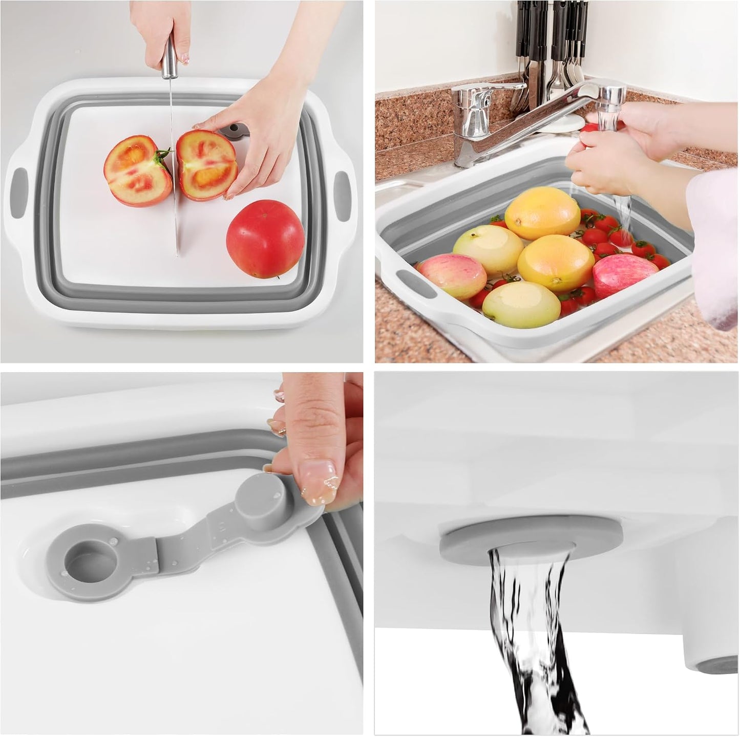 2 Pack Collapsible Cutting Board, Foldable Dish Tub with Draining Hole, Portable Chopping Board with Colander, 3 in 1 Multifunction Camping Sink for Washing Dish, Bowl, Vegetables and Fruit