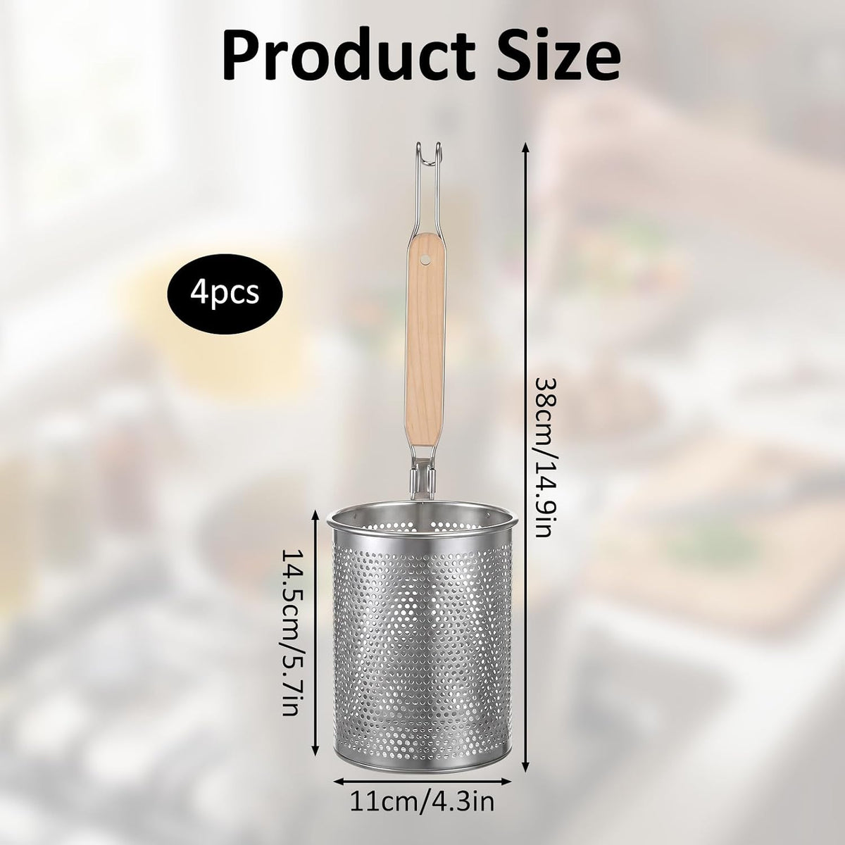4 Pcs Stainless Steel Pasta Strainer Basket, Metal Noodle Strainer Basket with Wooden Handle, Pasta Baskets for Cooking, Boiling, Draining, Deep Mesh Sieve for Spaghetti, Dumplings, Vegetables