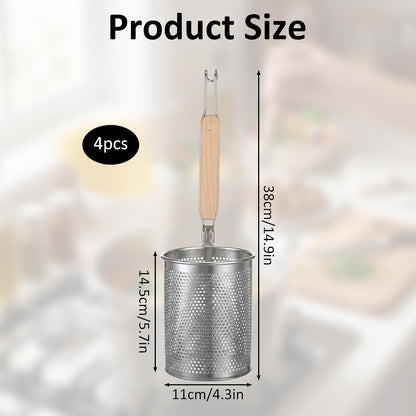4 Pcs Stainless Steel Pasta Strainer Basket, Metal Noodle Strainer Basket with Wooden Handle, Pasta Baskets for Cooking, Boiling, Draining, Deep Mesh Sieve for Spaghetti, Dumplings, Vegetables