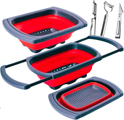 Collapsible Silicone Colander – Space-Saving Foldable Strainer for Pasta, Vegetables & Fruits – Large 6 Qt Kitchen Strainer, Heat-Resistant, BPA-Free & Dishwasher Safe |RED