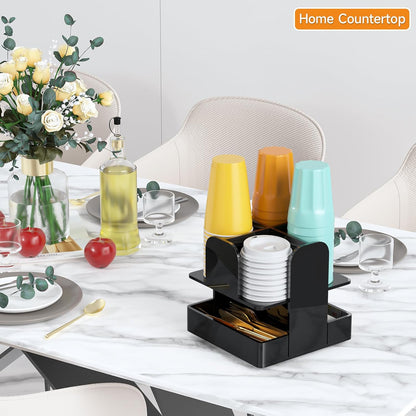 Beego Rotatable 4-Compartment Acrylic Cup Dispenser - Coffee Station Cup and Lid Carousel Countertop Plastic Cup Holder for Restaurant Breakroom Coffee Bar