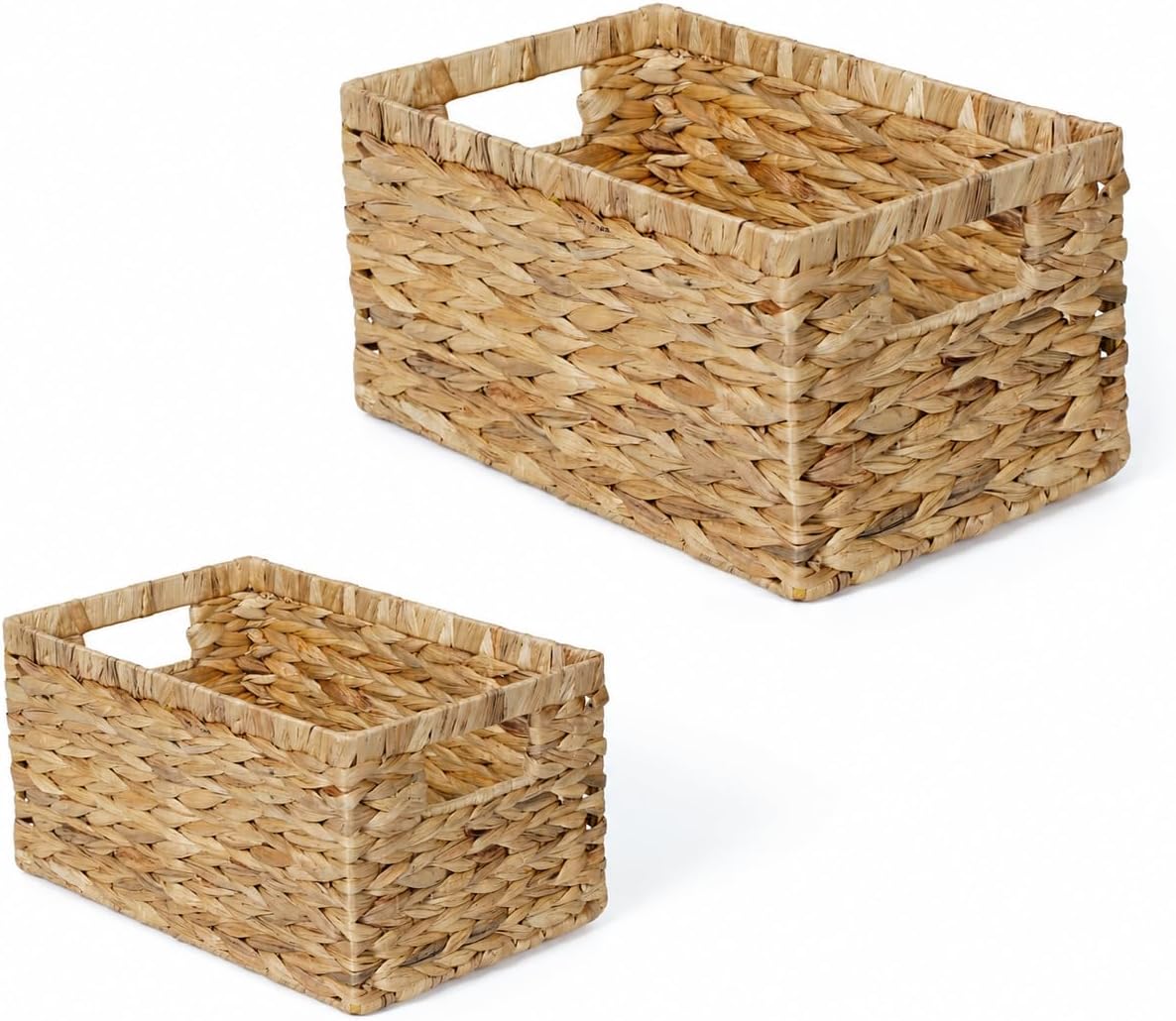 Water Hyacinth Storage Baskets Set of 2 with Handles, Rectangular Storage Baskets for Shelves, Open-Top Wicker Shelf Baskets for Closet, Bathroom, Pantry & Home Organization
