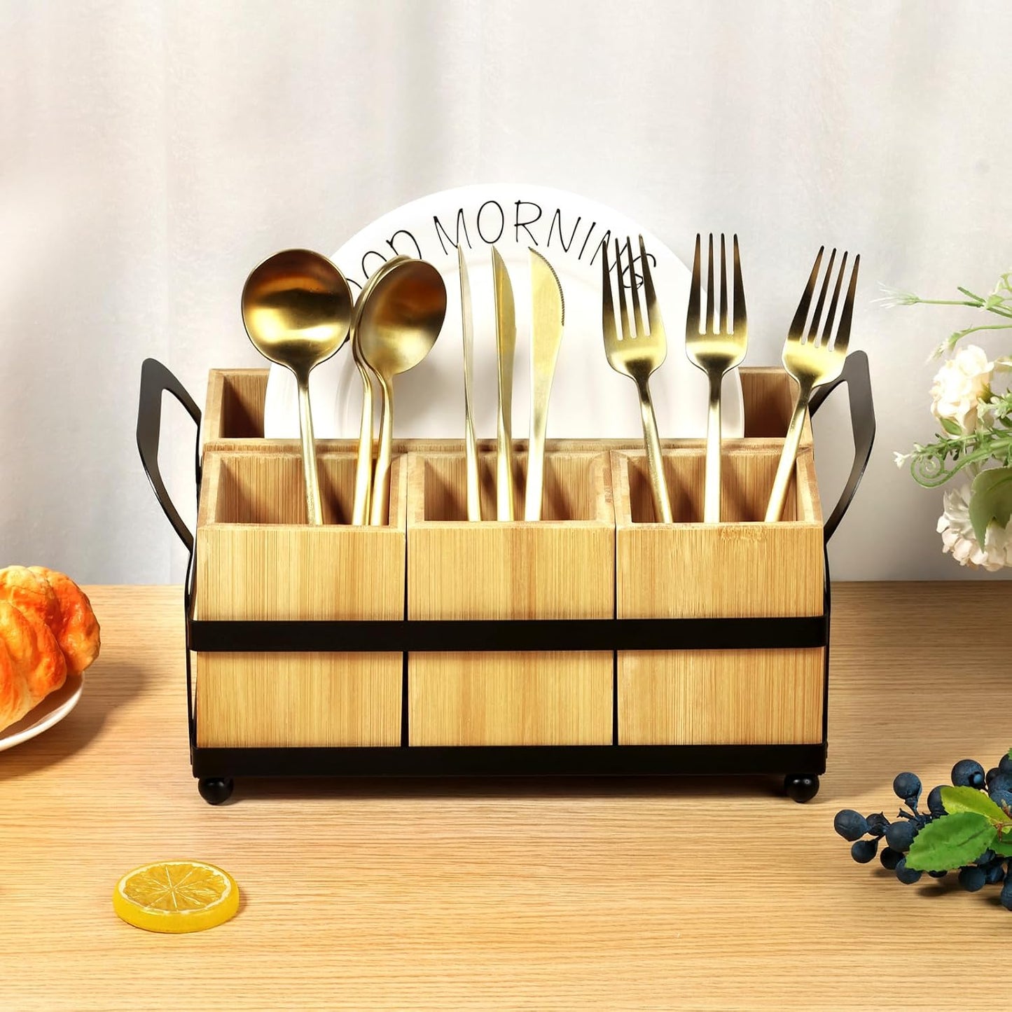 4 Compartment Silverware Caddy - Wood Silverware Holder with Double Handle, Bamboo Removable Slot Utensil Caddy, Rustic Farmhouse Flatware Holder for Paper Plates, Spoons, Forks, Napkins, Cutlery
