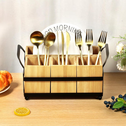 4 Compartment Silverware Caddy - Wood Silverware Holder with Double Handle, Bamboo Removable Slot Utensil Caddy, Rustic Farmhouse Flatware Holder for Paper Plates, Spoons, Forks, Napkins, Cutlery