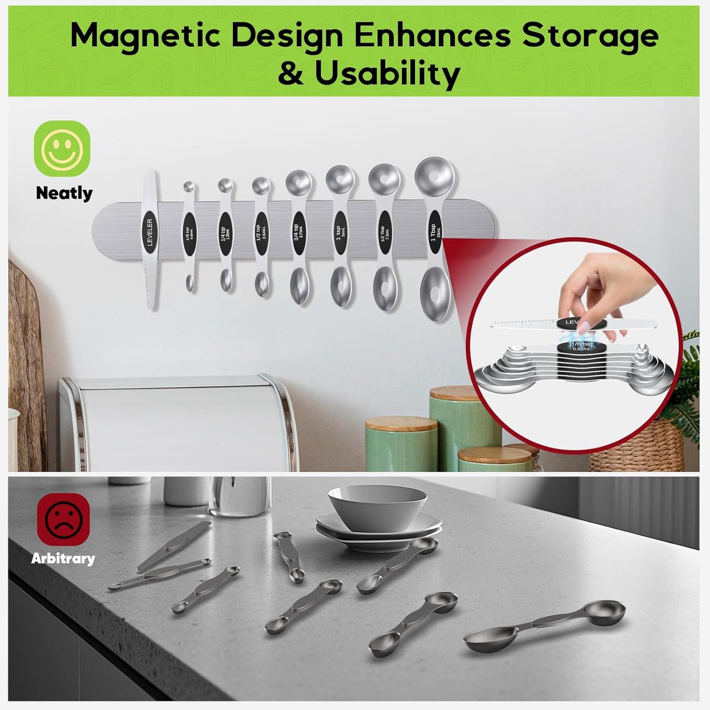 Magnetic Measuring Cups and Spoons Set304 Stainless Steel Dual Scale Set of 15, Strong N52 Magnetic Nesting Design with Leveler, for Dry&Liquid Ingredients, Dishwasher Safe(Colorful)