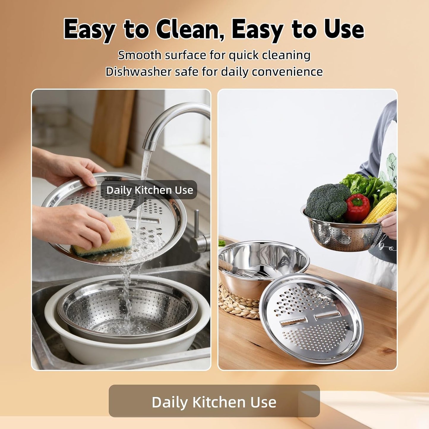 Mixing Bowls Set, 3 In 1 Multifunctional Stainless Steel Basin, Rice Washer Strainer Bowl, Kitchen Grater Set with Drain Basket for Vegetables Salad, 10.2 Inches