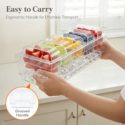 Lifewit Chilled Condiment Containers with Lids 2 Pcs, Plastic Taco Bar Serving Set for Party with 5 Containers, Ice Garnish Tray for Mimosa Bar Supplies, Clear Serving Platter for Fruit, Salad, Snack
