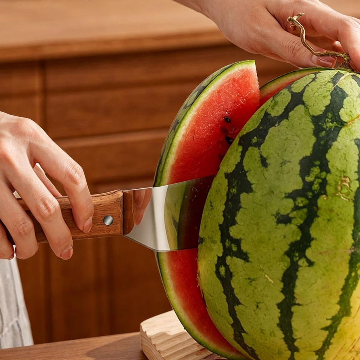 2PCS Stainless Steel Watermelon Cutter, Triangle Fruit Slicer with Wooden Handle, Melon Divider Tool for Watermelon, Cantaloupe and Honeydew