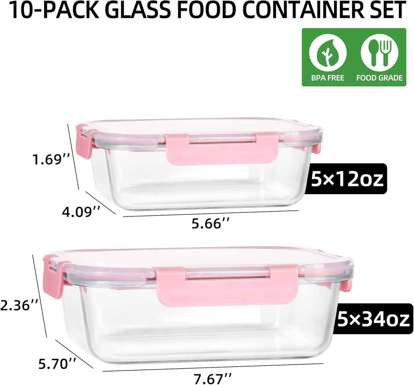 UMEIED 10 PACK Glass Food Storage Containers with Leak Proof Lids, Glass Airtight Meal Prep Containers Set for Lunch, On the Go, Leftover, Kitchen Pantry Organizers and Storage (Pink)