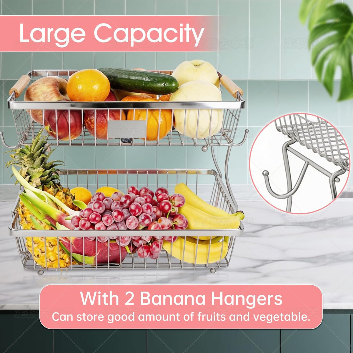 Fruit Basket Bowl 2 Tier Detachable with 2 Banana Hangers, Fruit Stand Holder for Kitchen Countertop, Metal Wire Vegetable Storage Organizer, for Bread Snack Veggies Produce, Black