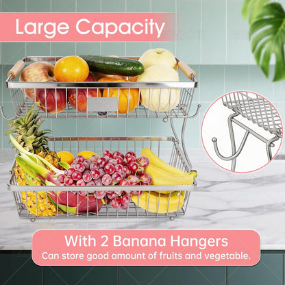 Fruit Basket Bowl 2 Tier Detachable with 2 Banana Hangers, Fruit Stand Holder for Kitchen Countertop, Metal Wire Vegetable Storage Organizer, for Bread Snack Veggies Produce, Black