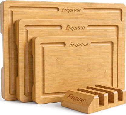 Empune Bamboo Cutting Boards for Kitchen, 3 Piece Extra Thick Cutting Board Set with Juice Groove, Deep Carbonized Bamboo Chopping Board, Reversible Wood Cutting Board for charcuterie boards, Brown