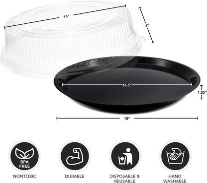 Party Essentials Hard Plastic 12" Black Trays With Clear Dome Lids, Set of 2 Trays and 2 Lids, Clear/Black