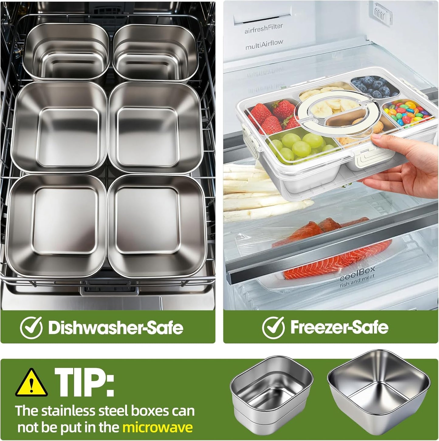WanshengLe 6 in 1 Snackle Box 3.82L with Lid & Handle, 4 PCS Stainless Steel Snack Box and 2 PCS Plastic Box, 6 Detachable & Dishwasher Safe Snacklebox, Divided Container Box for Snack Fruit Nut