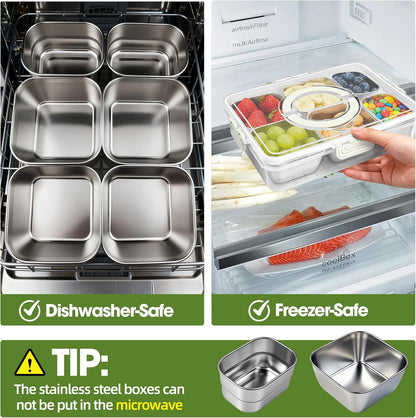 WanshengLe 6 in 1 Snackle Box 3.82L with Lid & Handle, 4 PCS Stainless Steel Snack Box and 2 PCS Plastic Box, 6 Detachable & Dishwasher Safe Snacklebox, Divided Container Box for Snack Fruit Nut