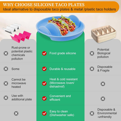 Haiou Silicone Taco Plates Set of 2 - The Ultimate Taco Holder Stand for Mess-Free Family Dinners & Parties, Microwave & Oven Safe Taco Tray, Holds 4 Shells Each