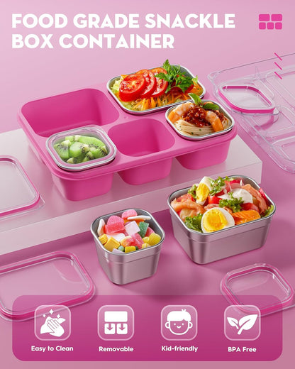 BiuLeon Snackle Box Containers, Stainless Steel 5 Compartments Divided Serving Tray with Lid, Removable LeakProof Portable Bento Box for Fruit Candy Nuts Food - School, Picnic and Travel（Blue）