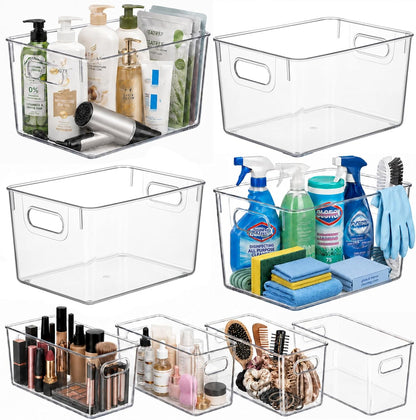 MOONEDGE 6 Pack Clear Organizer Bins 11x8x6in Pantry Organizers and Storage | Clear Containers for Organizing, Plastic Storage Bins with Handles for Drawer, Craft, Fridge, Kitchen Cabinet Shelf