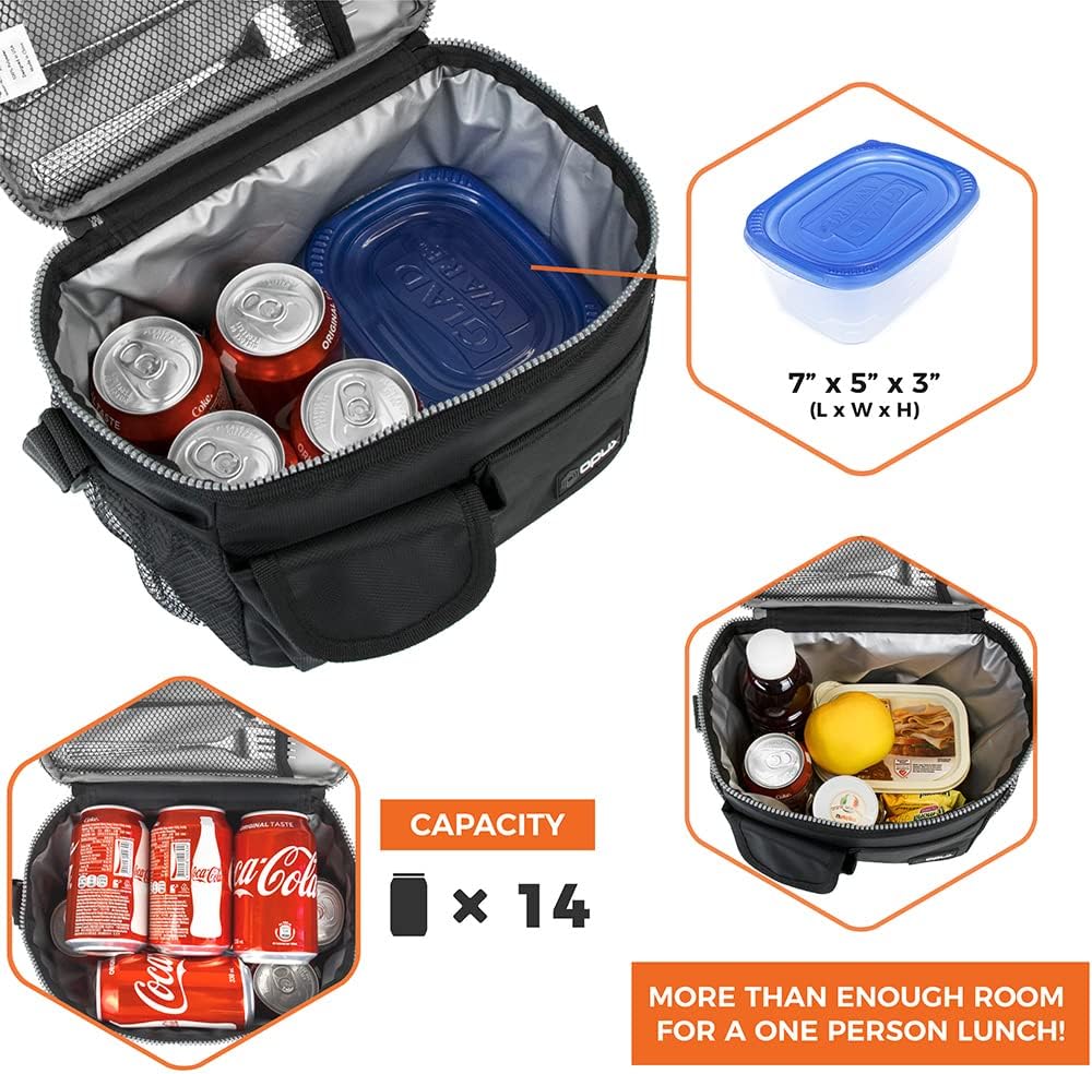 opux Insulated Lunch Bag for Men Women, Leakproof Black Lunch Box for Work, Portable Soft Lunch Cooler Bag with Shoulder Strap, Adult Lunchbox Lunch Pail for Kid Boy Girl School, 14 Can/8L
