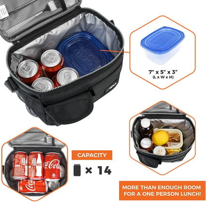 opux Insulated Lunch Bag for Men Women, Leakproof Black Lunch Box for Work, Portable Soft Lunch Cooler Bag with Shoulder Strap, Adult Lunchbox Lunch Pail for Kid Boy Girl School, 14 Can/8L