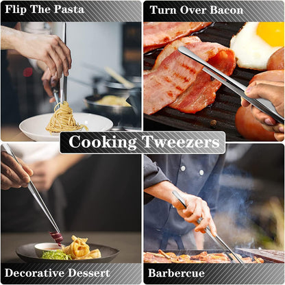 JETKONG 2 Pcs 12-Inch Kitchen Tweezers Tongs with Precision Serrated Tips, Stainless Steel Chef Tweezer Professional Cooking Tweezers for BBQ, Plating and Serving (12-Inch, Black)